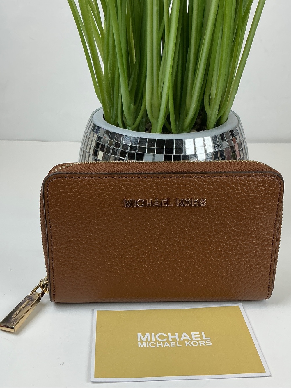 Michael Kors Brown Pebbled Leather Zip Wallet with Gold Logo